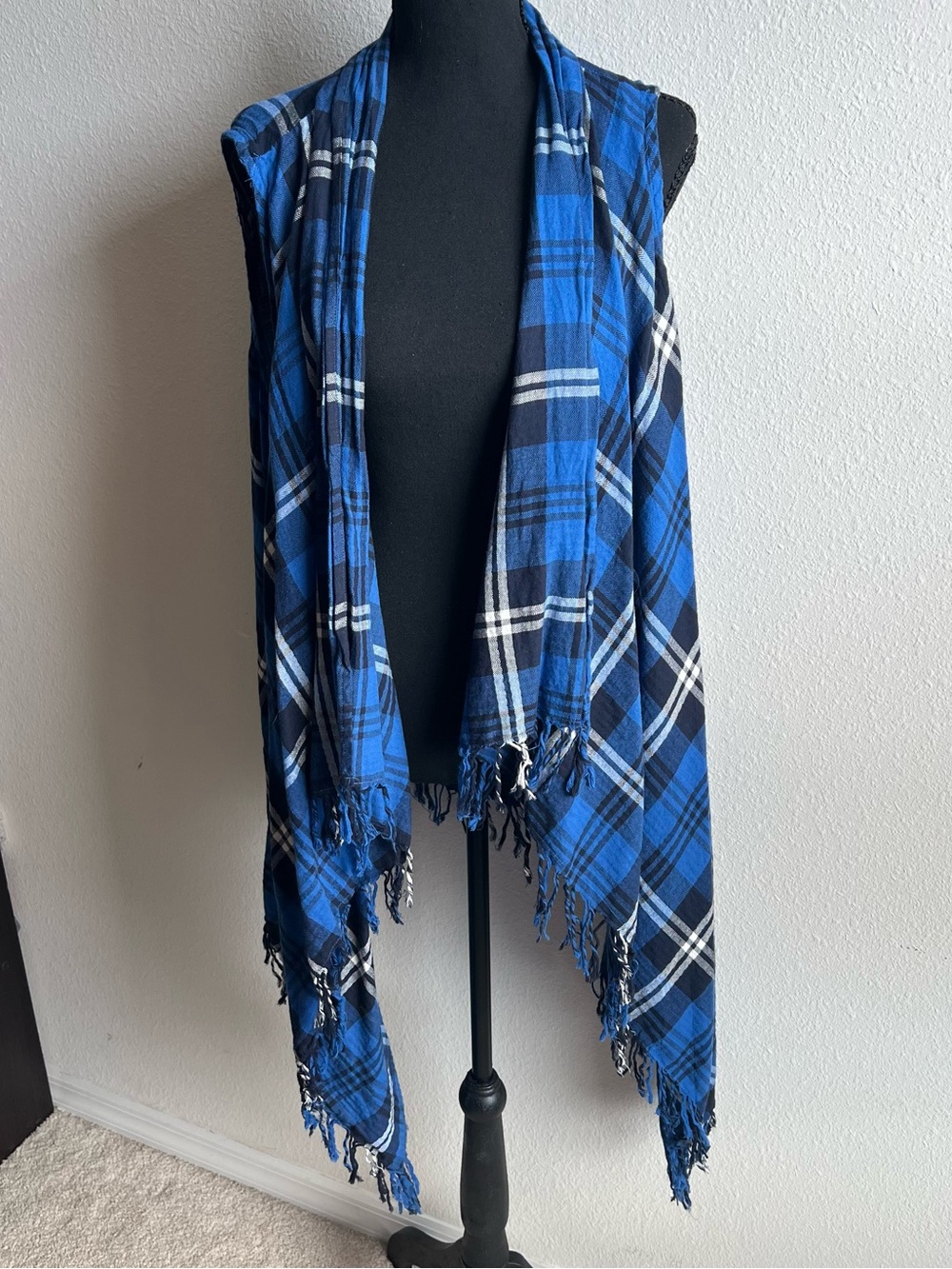 Blue Plaid Fringe Cardigan Vest - Women's Layering Wrap  XL Festival Western